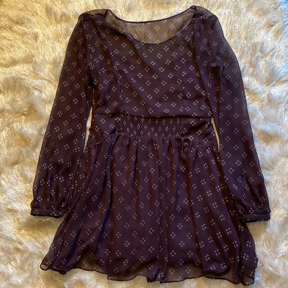 Free People Maroon Chiffon Long Sleeve Fit & Flare Dress size Medium - Picture 12 of 16